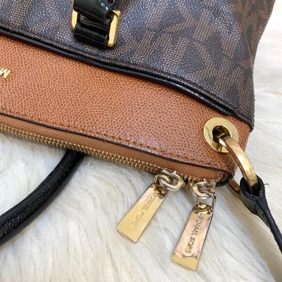 MICHAEL KORS Two-Tone Brown Cognac Signature AUBREY Zip Top Satchel w/Sh/Strap - Picture 9 of 16